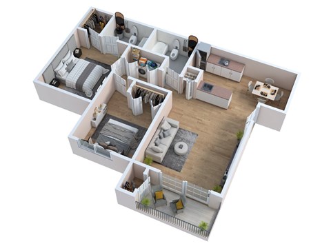 A 3D floor plan of a house with multiple rooms.